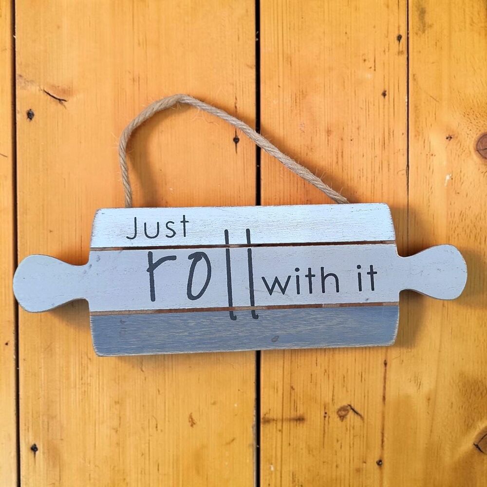 Wooden Rolling Pin Shape Kitchen Sign Just Roll With It Jute Hanger Farmhouse